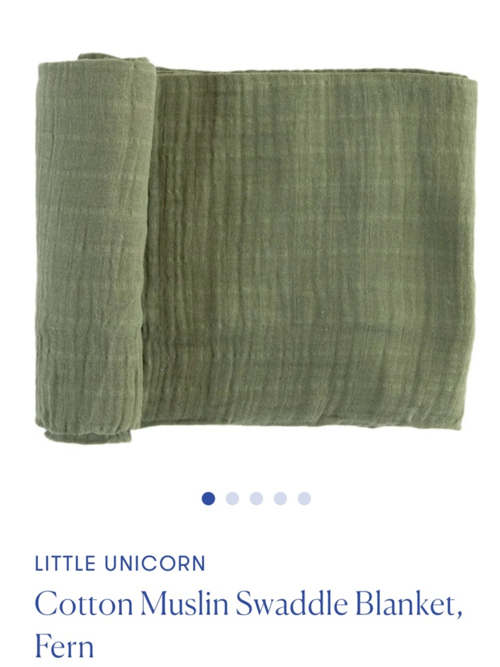 Little unicorn Fern Cotton Muslin Swaddle Blanket - Olive GreenNWT